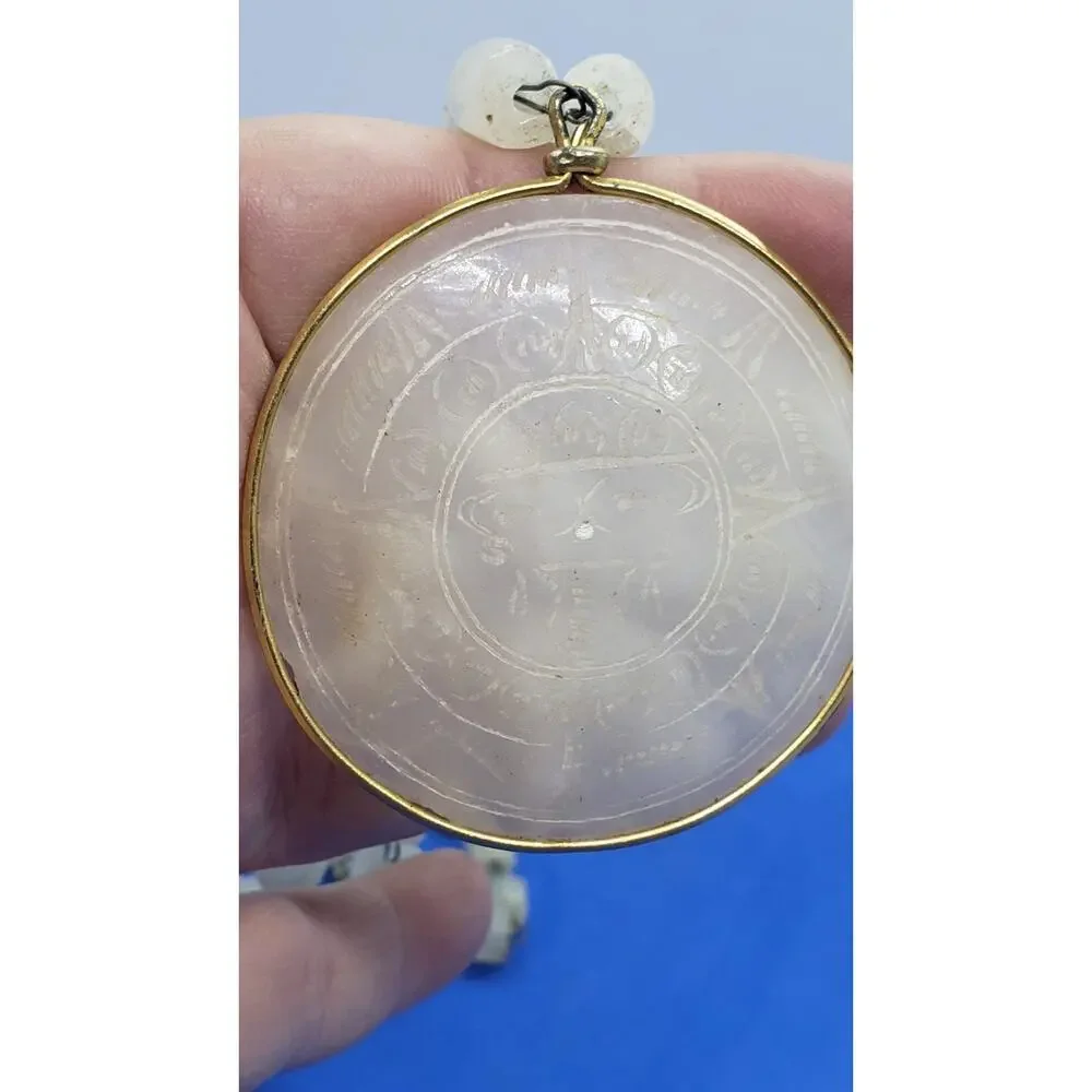 Vintage Necklace Pendant Medallion Myan Sun God Carved Quartz Beaded Chain Gem